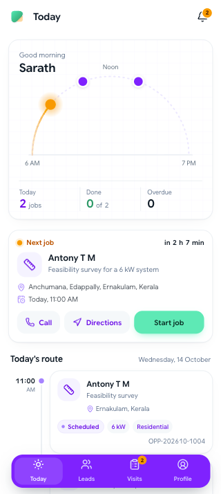 The FluxZero field app, listing the day's jobs and route